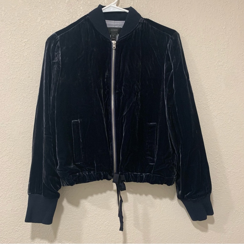 J. Crew Navy Velvet Zip Front Bomber Jacket